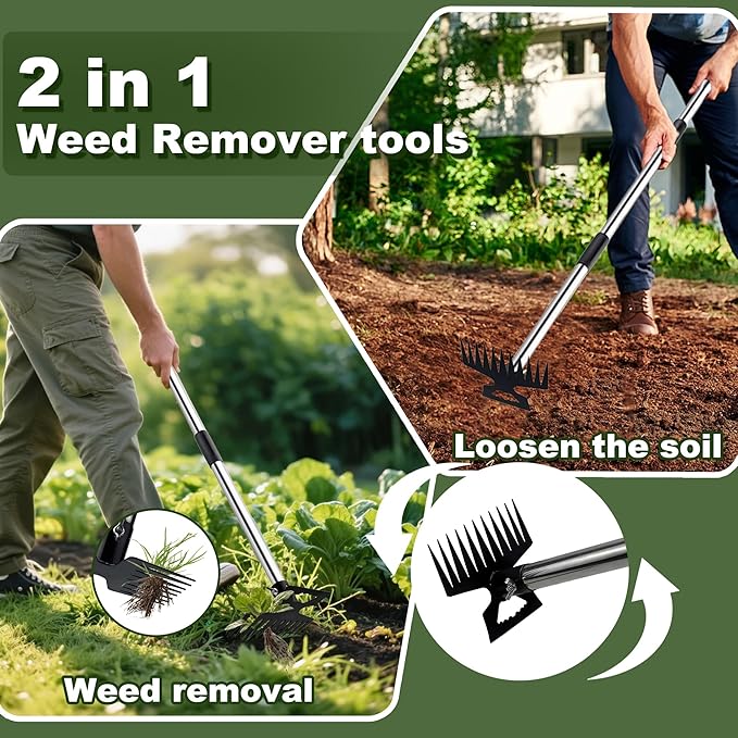 Weed Puller Tool with Long Handle, 60" Manual Weeder Remover Tool, 2 in 1 11-Tine Heavy Duty Manual Weed Rake and Garden Hoe, Weeding Tools for Yard, Lawn, Patio, Garden