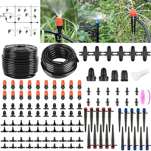 200FT+40FT Drip Irrigation System, Garden Watering System with 8/11mm Main Tubing 4/7mm Distribution Irrigation Tubing and Accessories, Irrigation System for Garden, Greenhouse, Yard, Lawn, Plant