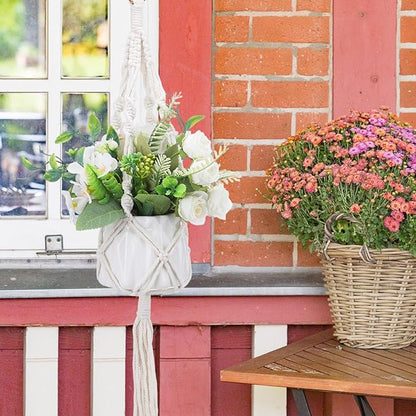 Macrame Plant Hanger, 2 Pack Boho Hanging Planters Baskets with Hooks, Crochet Braided Cotton Rope Flower Pot Holder for Indoor Outdoor Home Decor, No Tassels, Ivory, 20 Inches