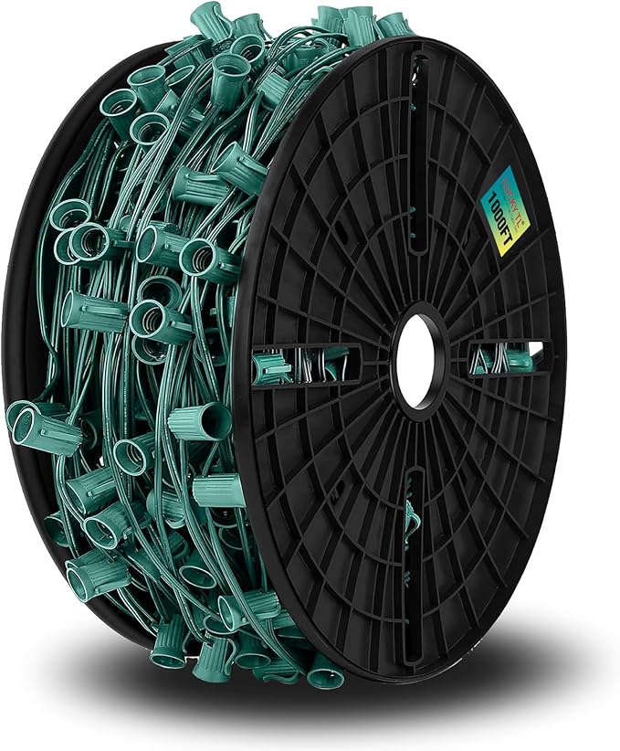 LUCKY TL 1000 FT C9/E17 Christmas Light Sockets Spool Set, Green SPT-1 Wire, 12 Inch Spacing, C9 Outdoor String Lights, UL Listed