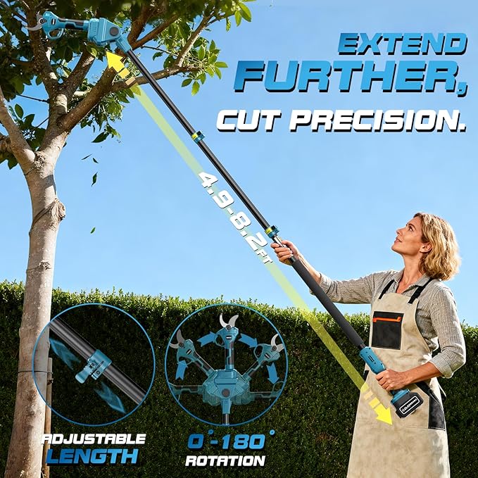 Cordless Electric Pruning Shears with Pole, 2.4" Max Cutting Diameter 14.7FT Reach, Brushless Pole Pruning Shears with 21V 2×4.0Ah Battery, Power Pole Tree Pruner for Branch Trimming