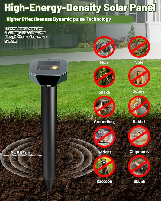 Snake & Mole & Rabbit & Skunk Repellent Solar Powered, Upgraded Ultrasonic Deterrent, IP65 Waterproof, Gopher Groundhog Chipmunk Raccoon and Vole Repellent & Deterrent for Lawn & Garden, 10 Pack