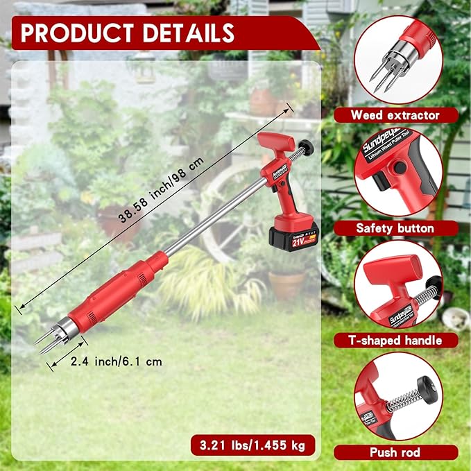 Electric Weed Puller Tool - 3 Claw Steel Head Stand Up Long Handle Weed Puller With 2 x 4.0Ah Battery & Charger & Small Shovel Versatile Garden Tools For Dandelion Lawn Flower Beds Yard