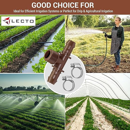 LECTO 1/2" MPT Drip Irrigation Tee Adapter – Fits 1/2" & 5/8" Drip Tubing, Barbed Tee Connector with Stainless Steel Clamps, UV-Resistant (3 Pack)