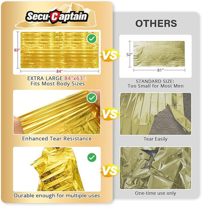 SecuCaptain Survival Emergency Thermal Blankets: Extra Large 84” x63” Space Mylar Blanket Kit for Outdoor Cold Winter Camping Hiking Car Bug Out Bag or First Aid - 4 Pack Gold
