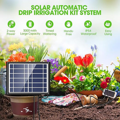 Solar Automatic Drip Irrigation Kit - 25 Timer Modes Smart Watering System for 15 Plants, 900ml/min High Flow with IP54 Waterproof, 49FT Indoor/Outdoor Garden Kit for Vacation & Busy Plant Lovers