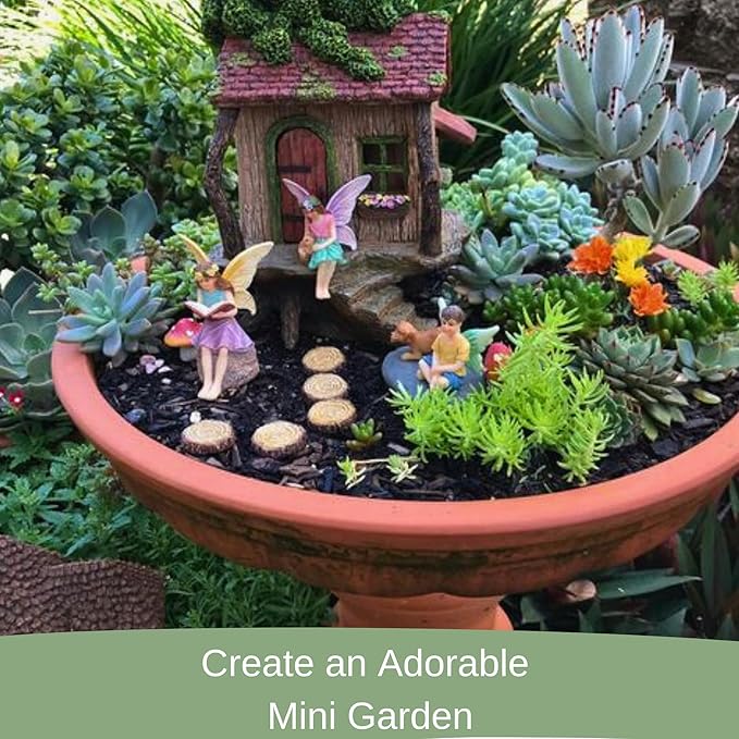 PRETMANNS Fairy House Kit - Fairy Garden Accessories for Outdoor Miniature Village Decor, with Three Fairies - House, 9" High & Treehouse Door can Open Wide - 4 Piece Supplies