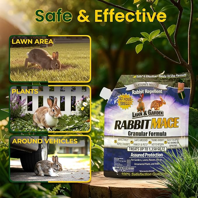 Nature’s MACE Rabbit Repellent 3 lb Granular/Treats 1,350 sq ft./Rabbit Repellent and Deterrent/Keep Rabbits Out of Your Lawn and Garden/Safe to use Around Children & Plants.