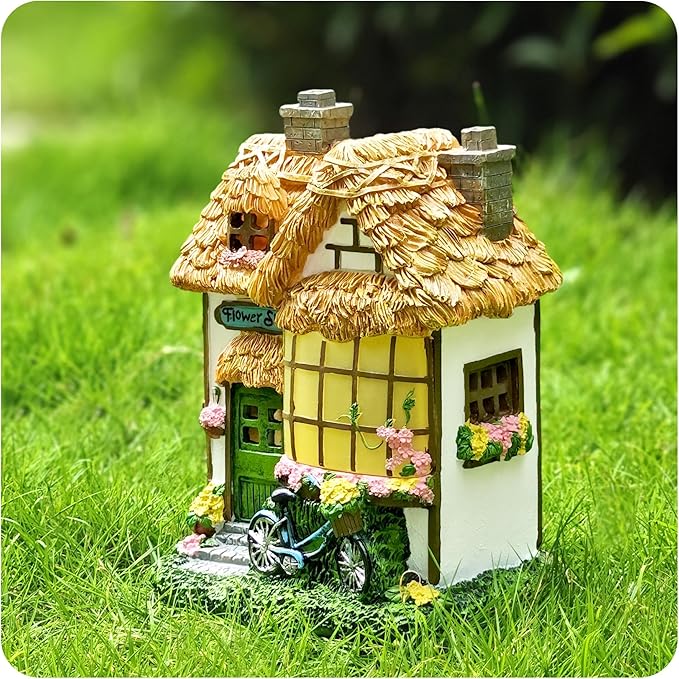 Rustic Thatched Flower Shop Resin Cottage – Fairy House Garden Statues Outdoor, Solar-Powered Warm Lights,Weatherproof, Spring Vines & Bicycle Décor,Perfect Home Gifts for Mom Wife Grandma