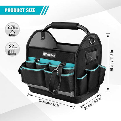 DURATECH 12 Inch Tool Tote with Waterproof Hard Bottom, Electrician Tool Bag with Rotating Handle, Open Top Tool Bag Wide Mouth Multi-Pockets, Tool Carrier for Mechanic Plumber Electrician HVAC