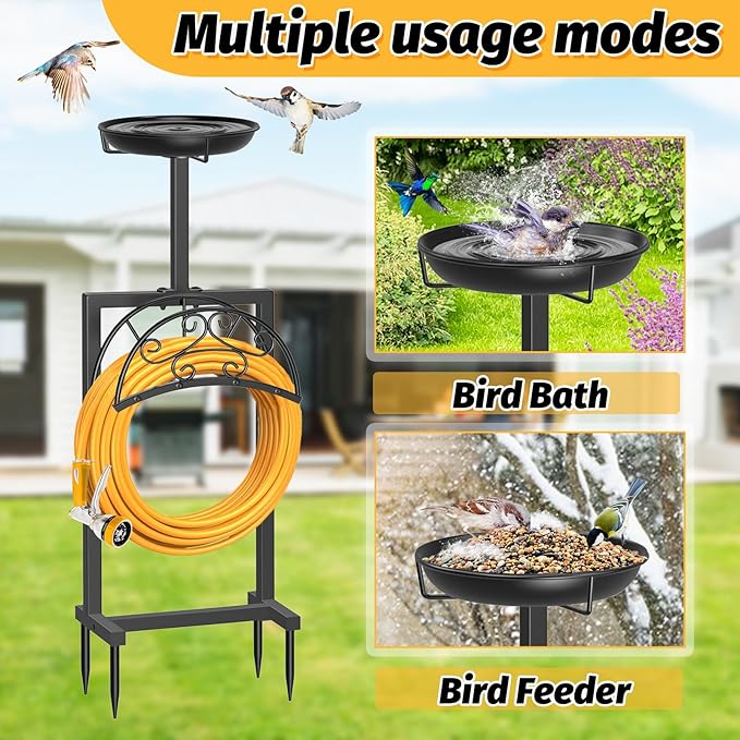 Garden Hose Holder Hanger Freestanding, Upgraded 4 Spikes Heavy Duty Storage Reel Stand with Bird Feeder Bowl, Holds 150ft Hose for Outside Garden Yard Lawn Vegetable Patch