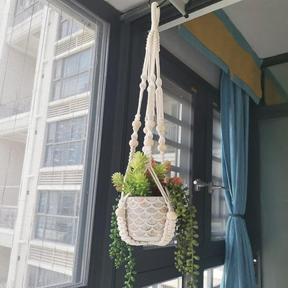 Macrame Plant Hanger 35", No Tassel Hanging Plant Holder, Sturdy Flower Pot Holder with 2 Hooks - Ivory