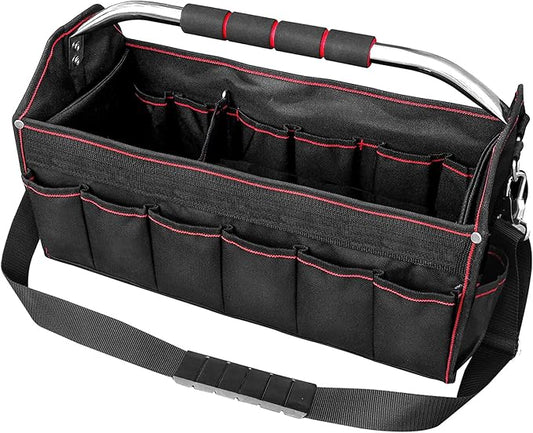 HAUTMEC 18 Inch Tool Bag, Foldable Open Top Tool Tote with 27 Pockets and Removable Partition, Heavy-Duty Electrician Tool Bag with Adjustable Shoulder Strap & Water-Resistant Molded Base – HT0020