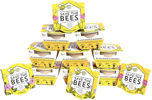 BUZZY Seeds Save The Bees Grow Kit, 12 Biodegradable Mini Flower Pots with Wildflower Seed Packets, Indoor Outdoor Planting Starter Set, DIY Gardening Gift, Sustainable Party Favors Adults