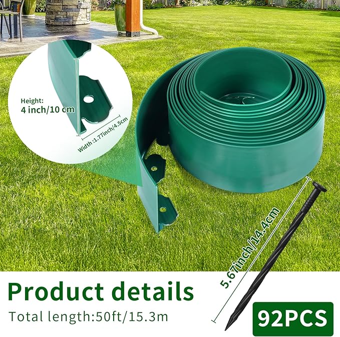 4 in x 50 Ft Garden Landscape Edging, No Dig Garden Edging Border Kit with 92 Pcs Spikes for Flower Bed Lawn Yard Grass Green