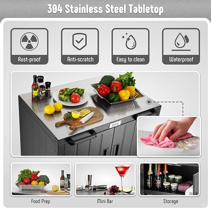 Grill Table, Outdoor Bar Cart Grill Cart with Storage Cabinet, Modular Outdoor Kitchen Island, Outdoor Grill Station with 304 Stainless Steel Top for Lawn & Garden, L35.4 x W24