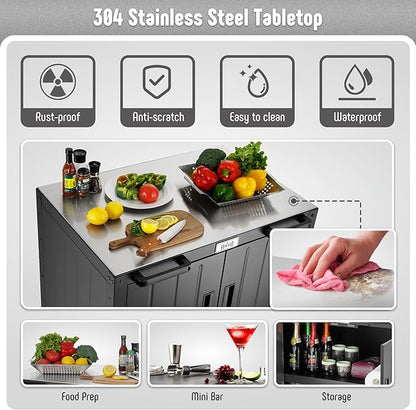 Grill Table, Outdoor Bar Cart Grill Cart with Storage Cabinet, Modular Outdoor Kitchen Island, Outdoor Grill Station with 304 Stainless Steel Top for Lawn & Garden, L35.4 x W24