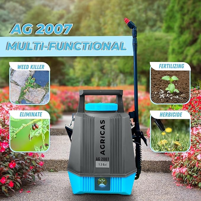 Battery Powered Sprayer 1.3 Gallon, Electric Lawn and Garden Sprayer for Weed/Pest Control, Lithium-Ion Battery, Adjustable Nozzle, Shoulder Strap, High-Pressure Hose