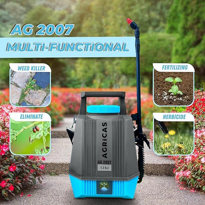 Battery Powered Sprayer 1.3 Gallon, Electric Lawn and Garden Sprayer for Weed/Pest Control, Lithium-Ion Battery, Adjustable Nozzle, Shoulder Strap, High-Pressure Hose