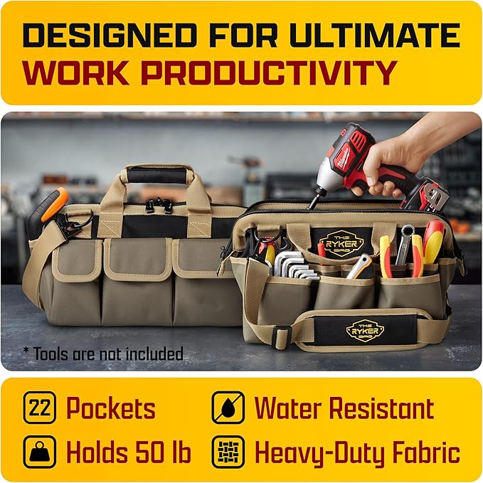 The Ryker Heavy Duty Tool Bags for Men/Women. 14 Inch Small Wide Mouth Mechanic/plumber/Contractor/Electrician Tool Bag Organizer 22Pockets Soft Portable Tools Bags Organizer Toolbag for plumbing