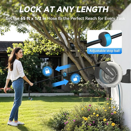 Retractable Garden Hose Reel 65 ft x 1/2 in, Heavy Duty Hose Reel Wall Mount with Any Length Lock, Auto Rewind System, 180° Swivel Bracket, 10-Pattern Garden Hose Nozzle, White & Grey