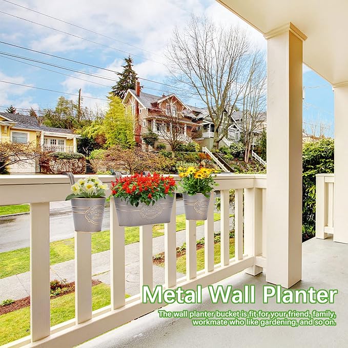 PerGar Vintage Metal Iron Wall Hanging Flower Pots, Rustic Planter Bucket Herb Flower Plant Holder with Detachable Hooks & Drainage Hole for Railing Fence Balcony Deck Garden Home Decoration, Set of 3