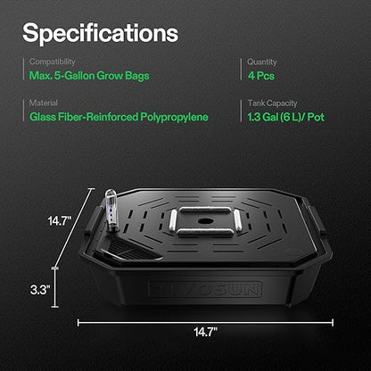 VIVOSUN 4-Pack FlexFeed Self-Watering Pots, Auto Irrigation Fabric Pot Base with Water Meter & Maintenance Window, for Use Indoors/Outdoors in Grow Tents, Greenhouses, Gardens