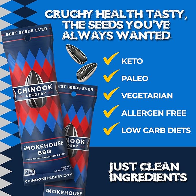 Chinook Seedery Low Sodium Sunflower Seeds – Smokehouse BBQ Flavor, Pack of 36, 1.5oz – Sunflower Seeds to Eat – Keto, Jumbo, Roasted, Baseball Snacks