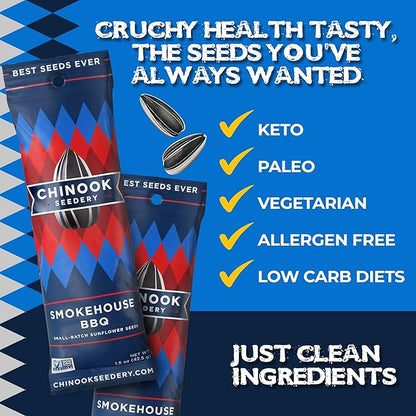 Chinook Seedery Low Sodium Sunflower Seeds – Smokehouse BBQ Flavor, Pack of 36, 1.5oz – Sunflower Seeds to Eat – Keto, Jumbo, Roasted, Baseball Snacks