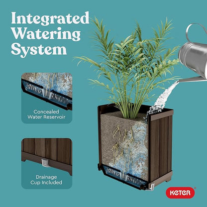 Keter Signature 21.6 Inch Tall Square Large Wood Look Planter for Indoor or Outdoor Flower Pot Ideal for Patio Deck and Front Porch Decor, Rosewood