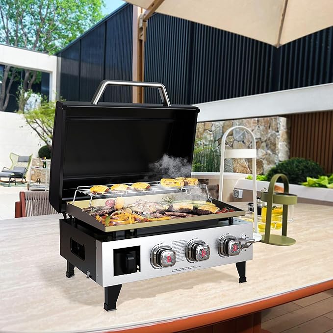 Brand-Man 3-Burner Portable Propane Gas Griddle with Lid - 28,000 BTU Flattop Griddle Grill, 504 Sq. In., Folding Side Tables, Rolling Cart for Outdoor BBQ, Camping, Patio