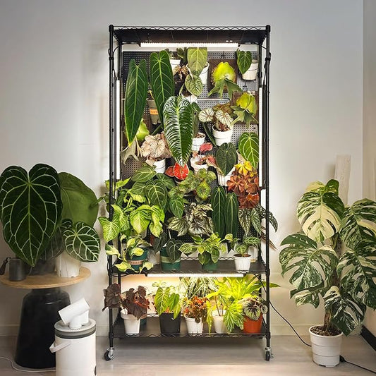 Bstrip Plant Shelf with Grow Light & 4 Pegboard, Metal Plant Stand with Adjustable Rack and Wheels, 4 x 24W Full Spectrum Grow Light Strip for Indoor Plants, Foliage Plants, Seedling, 35.4"x13.8"x71"