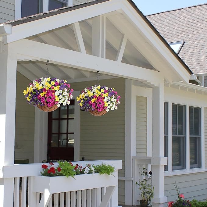 Artificial Faux Hanging Flowers Plants Baskets for Outdoors Spring Decor, Fake Silk Morning Glory in Planter UV Resistant Realistic Outdoor Flowers for Outside Porch Patio Balcony Garden Yard Home