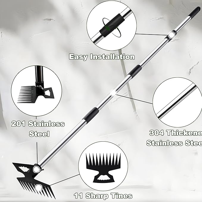 Weed Puller Tool with Long Handle, 60" Manual Weeder Remover Tool, 2 in 1 11-Tine Heavy Duty Manual Weed Rake and Garden Hoe, Weeding Tools for Yard, Lawn, Patio, Garden