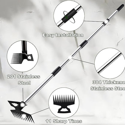 Weed Puller Tool with Long Handle, 60" Manual Weeder Remover Tool, 2 in 1 11-Tine Heavy Duty Manual Weed Rake and Garden Hoe, Weeding Tools for Yard, Lawn, Patio, Garden