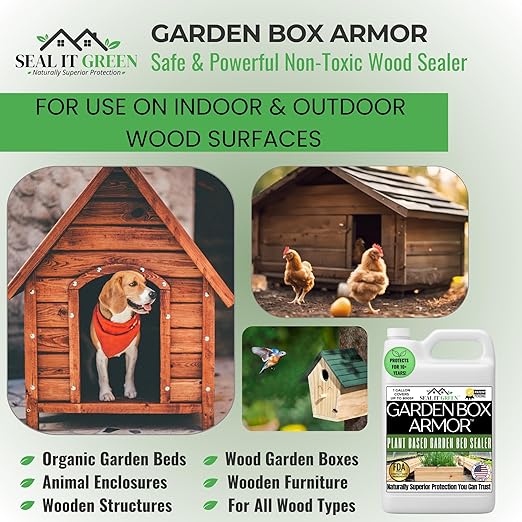 Garden Box Sealer | FDA Food Contact Safe Plant-Based Wood Sealant for Raised Bed, Planter & Pet House. Protects All Wood Types from Water & Weather Damage | (5 Gallon)
