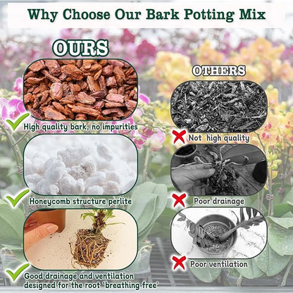 Orchid Potting Mix, 1 Quart Orchid Bark Potting Mix with Pine Bark, Coco Peat & Perlite, Orchid Bark for Indoor Plants, Orchid Soil with Excellent Water Retention & Ventilation