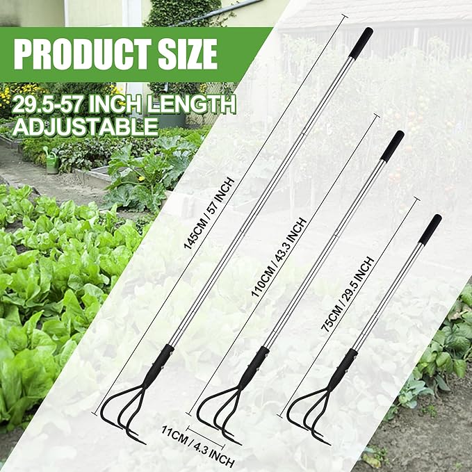 3-Tine Long Handle Tiller, Garden Cultivator with 55"-15.5" Adjustable Handle, for Loosening Soil, Tilling, Weeding and Fertilizing, Suitable for Elderly and Women