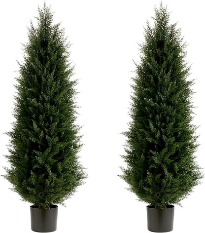 Artificial Topiary Tree Set of 2 Artificial Cedar Trees 4FT Uv Resistant Pine Potted Artificial Plants Outdoor Realistic Fake Plants Front Porch Decor Indoor Faux Cypress Trees