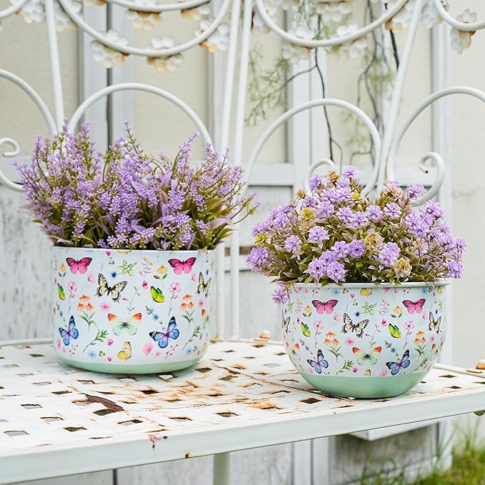 Butterfly & Bee Metal Planters Set of 2 – Decorative Flower Pots with Colorful Garden Prints, Outdoor & Indoor Use Cute Spring Floral Design for Patio, Balcony, Home Decor (Butterfly)