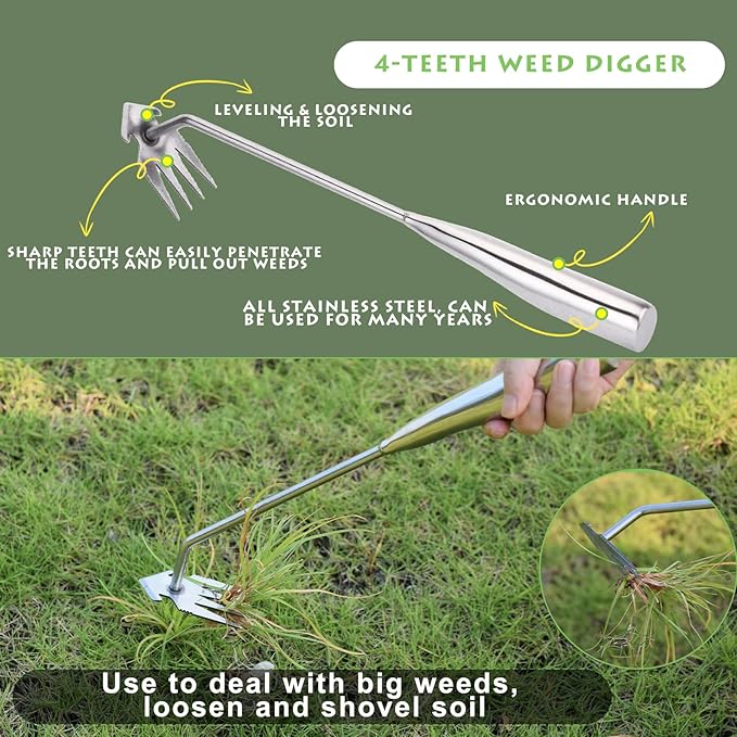 Weed Puller Tool, Stainless Steel Gardening Hand Weeder Tools, Weeding Artifact Uprooting Weeding Tool, Weed Removal Tool, 4-Tooth Dual Purpose Manual Weed Pulling Tool for Yard Garden