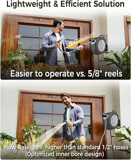 GLAHODEN Retractable Garden Hose Reel 1/2 in x 100 ft Upgraded UV Resistant Heavy Duty Automatic Hose Reel Wall Mount 3/4 in Brass Fitting 9 Pattern Nozzle Any Length Lock Slow Retraction 180° Swivel