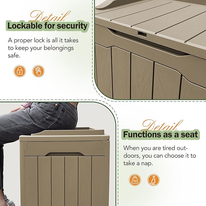 Greesum 31 Gallon Resin Deck Box All Weather Outdoor Storage Boxes for Patio Furniture Set,Outdoor Toys,Garden Tools,Light Coffee