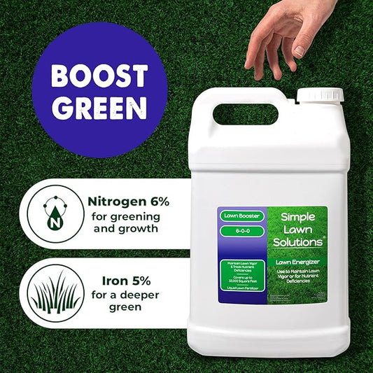 Commercial Grade Lawn Energizer- Grass Micronutrient Booster with Iron and Nitrogen- Liquid Turf Spray Concentrated Fertilizer- Any Grass Type, All Year- Simple Lawn Solutions (2.5 Gallons)