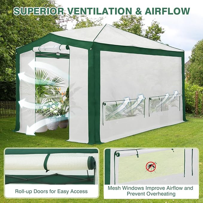 EAGLE PEAK 12x8 Portable Walk in Greenhouse with Polyester Reinforced Corners, Instant Pop up Indoor Outdoor Gardening Green House, Roll Up Zipper Doors Mesh Windows & Winter Support Pole, Green/White