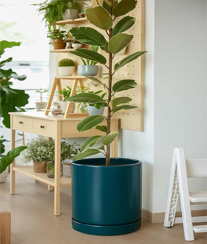 D'vine Dev 14 Inch Ceramic Planter Pot with Drainage Hole and Saucer, Indoor Cylinder Round Planter Pot, Teal, 94-O-G-9