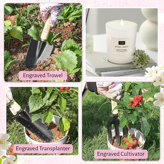 Gifts for Mom,7 Piece Womens Gardening Kit with Pink Gardening Tools,Straw Hat, Floral Gardening Apron and Gloves,Mothers Day Garden Gifts Pink