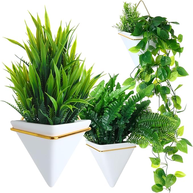 Rtteri 15 Pcs Hanging Artificial Green Plants for Indoor Fake Wall Planter with Faux Plants Geometric Vase Pot (8.2/5.9/4 Inch Size) Ceramic Holder