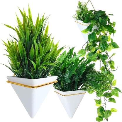 Rtteri 15 Pcs Hanging Artificial Green Plants for Indoor Fake Wall Planter with Faux Plants Geometric Vase Pot (8.2/5.9/4 Inch Size) Ceramic Holder