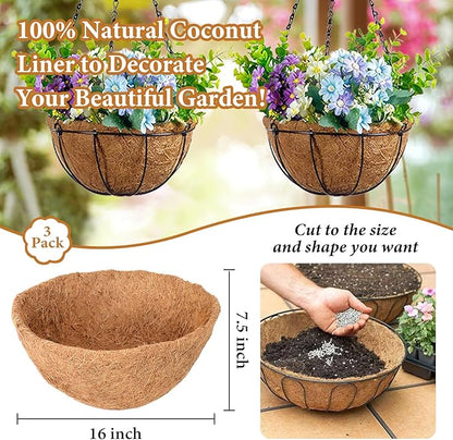 Legigo 3 Pack 16 Inch Hanging Basket Coco Liners Replacement, 100% Natural Round Coconut Coco Fiber Planter Basket Liners for Hanging Basket Flowers/Vegetables